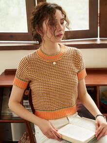 Knit Mix Elegant Women's Fashion Striped Short Sleeve T-Shirt, Contrast Color Design, Slim Fit, Casual Versatile, French Thick Fabric, Essential For Commuting, Suitable For Back To School Season, Autumn/Winter, Also Suitable For Christmas, Thanksgiving And New Year Holidays