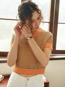 Knit Mix Elegant Women's Fashion Striped Short Sleeve T-Shirt, Contrast Color Design, Slim Fit, Casual Versatile, French Thick Fabric, Essential For Commuting, Suitable For Back To School Season, Autumn/Winter, Also Suitable For Christmas, Thanksgiving And New Year Holidays