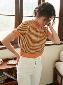 Knit Mix Elegant Women's Fashion Striped Short Sleeve T-Shirt, Contrast Color Design, Slim Fit, Casual Versatile, French Thick Fabric, Essential For Commuting, Suitable For Back To School Season, Autumn/Winter, Also Suitable For Christmas, Thanksgiving And New Year Holidays