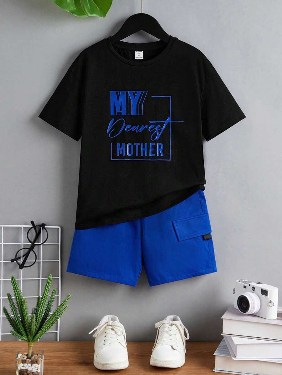SHEIN T-Shirt mit Buchstaben Grafik und Kurze Hose mit Klappendetails für Jungen in der Pubertät - Königsblau - Übersicht 1