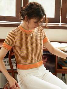 Knit Mix Elegant Women's Fashion Striped Short Sleeve T-Shirt, Contrast Color Design, Slim Fit, Casual Versatile, French Thick Fabric, Essential For Commuting, Suitable For Back To School Season, Autumn/Winter, Also Suitable For Christmas, Thanksgiving And New Year Holidays
