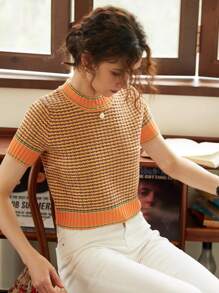 Knit Mix Women's Striped Short Sleeve T-Shirt, Color Block Design, Slim Fit Summer Top For Casual, French Style Commuter Wear Back To School Fall Women Clothes Autumn