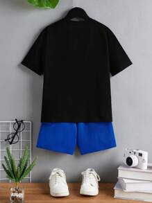SHEIN T-Shirt mit Buchstaben Grafik und Kurze Hose mit Klappendetails für Jungen in der Pubertät - Königsblau - Übersicht 2