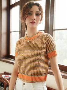 Knit Mix Women's Striped Short Sleeve T-Shirt, Color Block Design, Slim Fit Summer Top For Casual, French Style Commuter Wear Back To School Fall Women Clothes Autumn