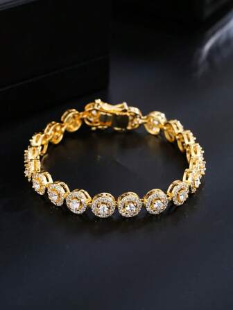 1pc Fashion Minimalist Copper Circle Cubic Zirconia & Ribbon Adjustable Bridal Wedding Bracelet