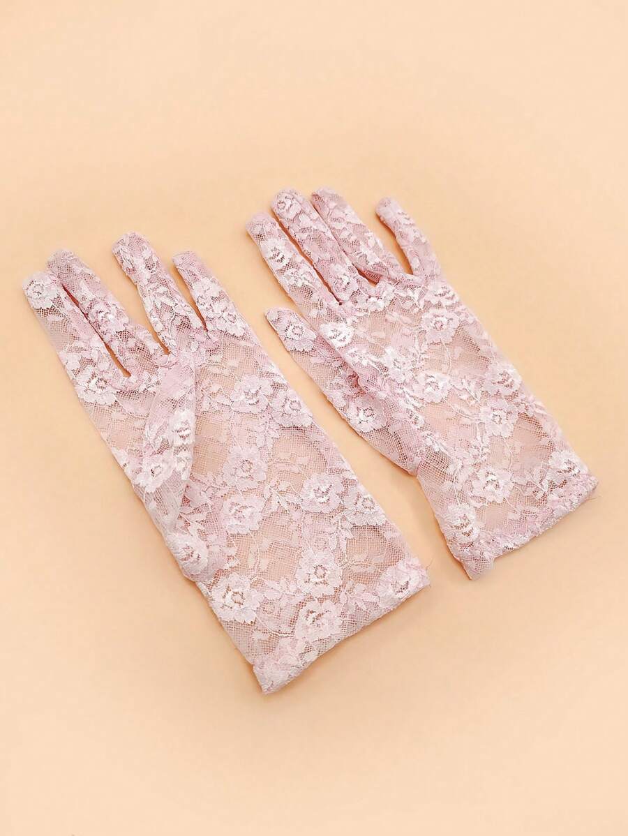1雙女性花卉蕾絲休閒手套適用於日常 - 粉色 - 查看 1