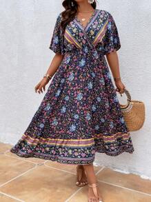 SHEIN Women Plus Floral Print Ruffle Hem Dress, Summer Outfit - Multicolor - View 3