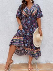 SHEIN Women Plus Floral Print Ruffle Hem Dress, Summer Outfit - Multicolor - View 5