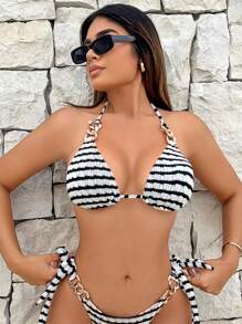 SHEIN Swim Summer Beach Striped Print Ring Linked Halter Triangle Bikini Top - Black and White - View 4