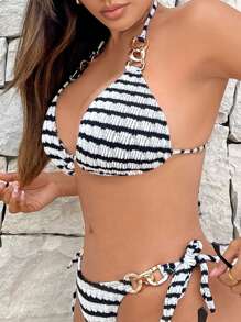 SHEIN Swim Summer Beach Striped Print Ring Linked Halter Triangle Bikini Top - Black and White - View 1