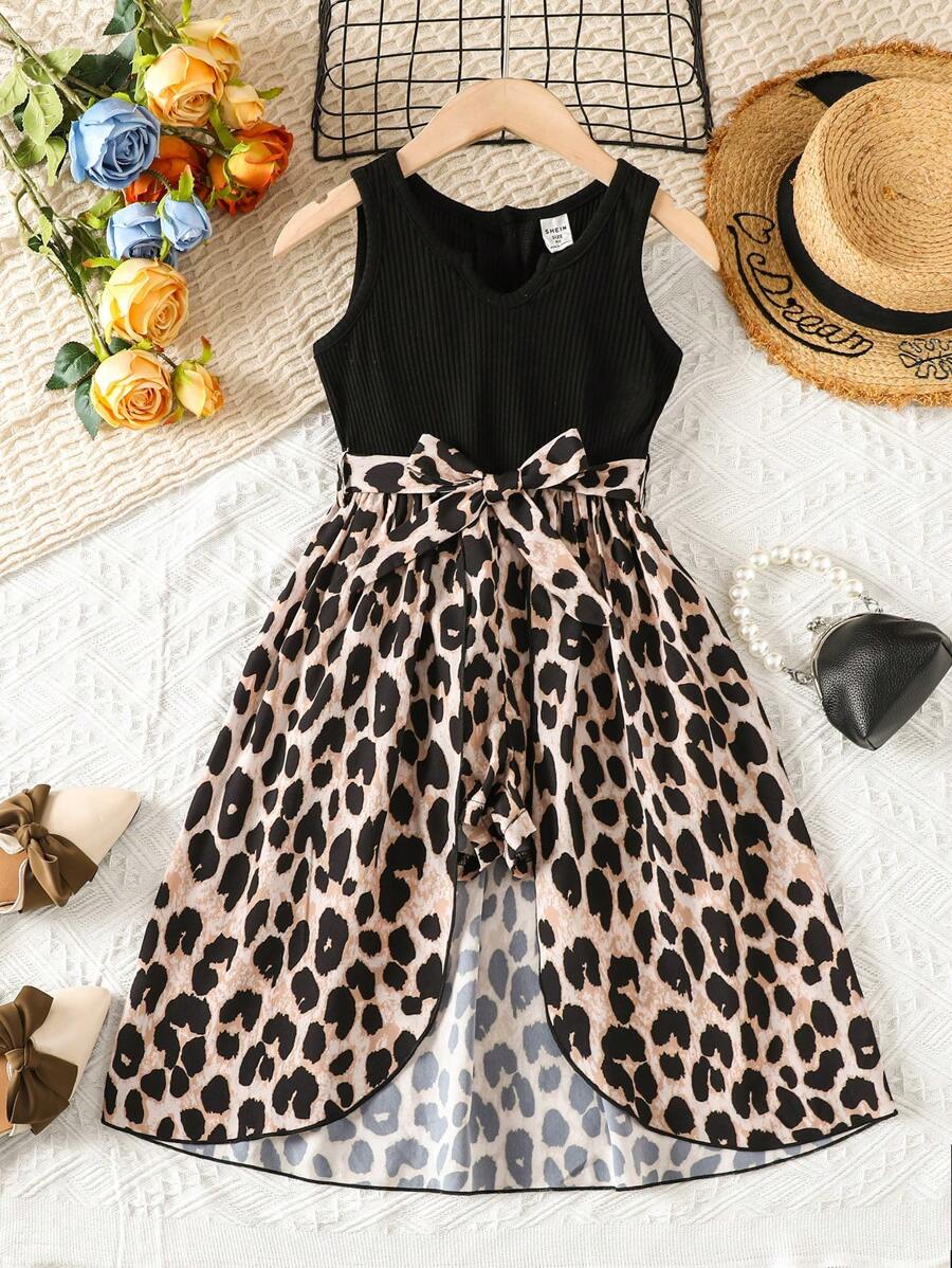 SHEIN Young Girl Leopard Print Belted Tank Jumpsuit - Multicolor - View 1