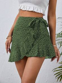 SHEIN VCAY Quần đùi nữ Thắt nút Viên lá sen Trọn gói Chấm bi Boho - xanh quân đội - Xem 3