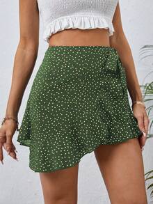 SHEIN VCAY Quần đùi nữ Thắt nút Viên lá sen Trọn gói Chấm bi Boho - xanh quân đội - Xem 6