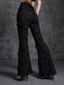 破洞喇叭褲 - 黑色 - 查看 2