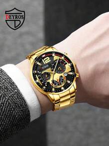 DEYROS Men Triple Dial Date Quartz Watch - Gold - View 1