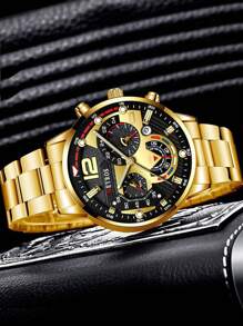 DEYROS Men Triple Dial Date Quartz Watch - Gold - View 2