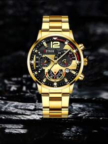 DEYROS Men Triple Dial Date Quartz Watch - Gold - View 3