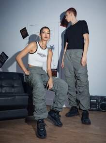 SWAVVY 1pc Drawstring Waist Ruched Trousers - Dark Grey - View 1