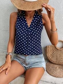 SHEIN Clasi 波點圖案無袖襯衫 - 藍白色 - 查看 6