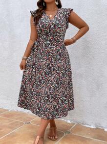 SHEIN LUNE Plus Ditsy Floral Print Ruffle Trim Belted Dress - Multicolor - View 4