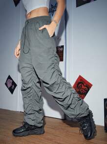 SWAVVY 1pc Drawstring Waist Ruched Trousers - Dark Grey - View 4
