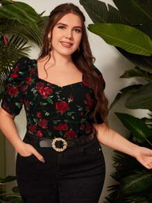 SHEIN Clasi T-Shirt mit Blume Muster, Sweetheart Ausschnitt, Puffärmeln,