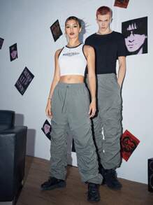 SWAVVY 1pc Drawstring Waist Ruched Trousers - Dark Grey - View 5