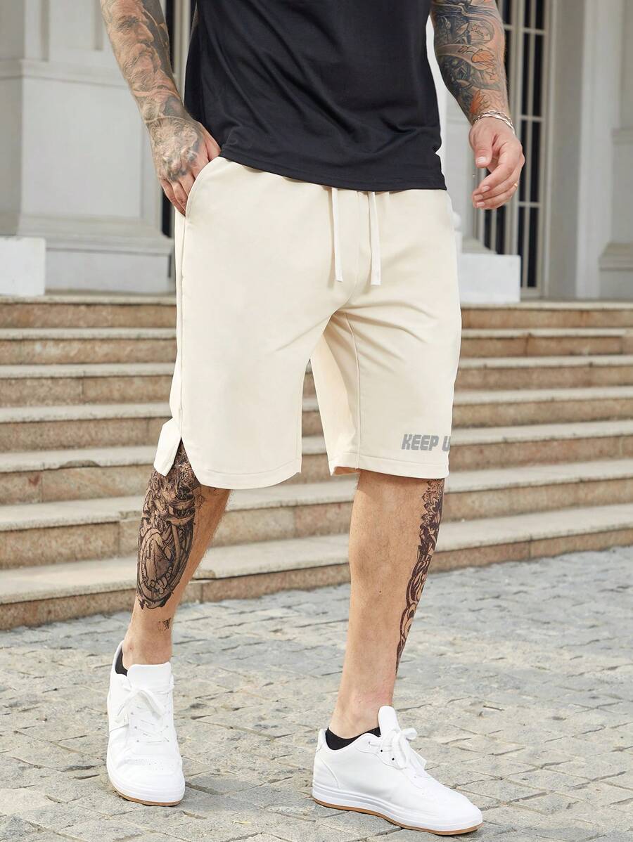 Manfinity Homme 男式寬鬆字母圖形束腰短褲 - 卡其色 - 查看 1