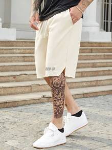 Manfinity Homme 男式寬鬆字母圖形束腰短褲 - 卡其色 - 查看 6