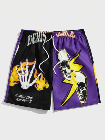 Guys Skull & Letter Graphic Two Tone Drawstring Waist Shorts