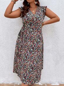 SHEIN LUNE Plus Ditsy Floral Print Ruffle Trim Belted Dress - Multicolor - View 5