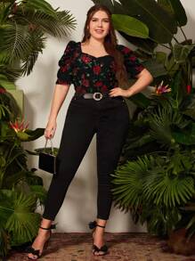 SHEIN Clasi T-Shirt mit Blume Muster, Sweetheart Ausschnitt, Puffärmeln,