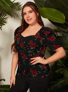 SHEIN Clasi T-Shirt mit Blume Muster, Sweetheart Ausschnitt, Puffärmeln,