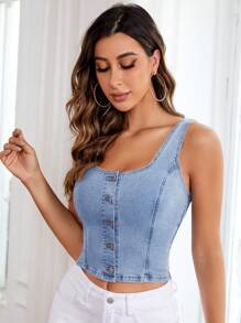 SHEIN Essnce Tank Top en mezclilla con botón delantero - Lavado ligero - Ver 1