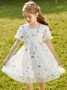 Tween Girl Butterfly Print Square Neck Lace Dress - White - View 1