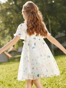 Tween Girl Butterfly Print Square Neck Lace Dress - White - View 2