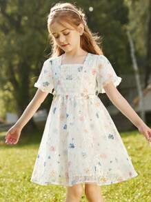 Tween Girl Butterfly Print Square Neck Lace Dress - White - View 3