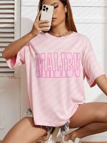 SHEIN EZwear Letter Graphic Drop Shoulder Tee - Baby Pink - View 1