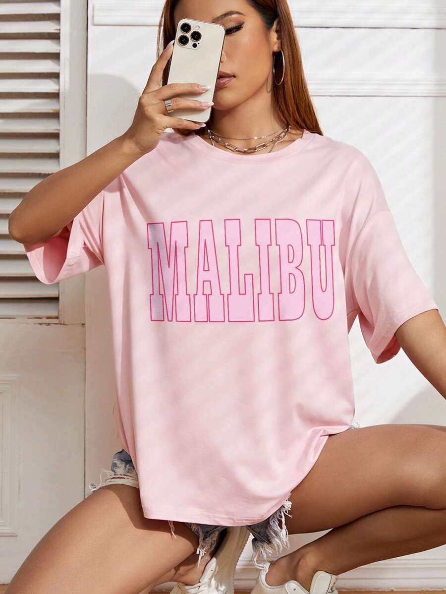 SHEIN EZwear Letter Graphic Drop Shoulder Tee - Baby Pink - View 1