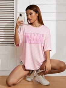 SHEIN EZwear Letter Graphic Drop Shoulder Tee - Baby Pink - View 3