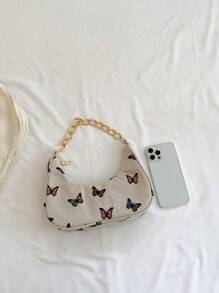 時尚金屬鏈條造型的手拿包，帶有新月和蝴蝶圖案，女士休閒麻質手提袋 - 彩色 - 查看 3