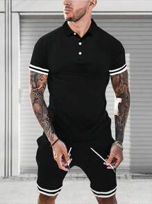 Manfinity Homme Men Striped Trim Polo Shirt & Shorts - Black - View 1