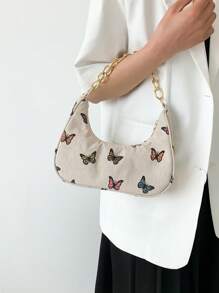 時尚金屬鏈條造型的手拿包，帶有新月和蝴蝶圖案，女士休閒麻質手提袋 - 彩色 - 查看 5