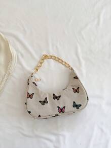 時尚金屬鏈條造型的手拿包，帶有新月和蝴蝶圖案，女士休閒麻質手提袋 - 彩色 - 查看 6