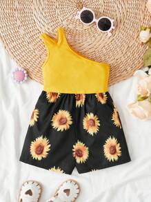 SHEIN Baby Girl Sunflower Print One Shoulder Romper