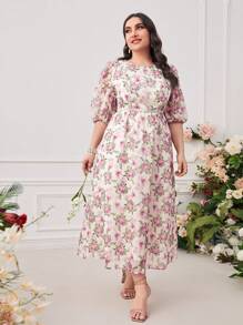 Modelyn Plus Floral Print Puff Sleeve Dress - Multicolor - View 1