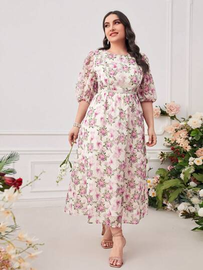 Modelyn Plus Floral Print Puff Sleeve Dress