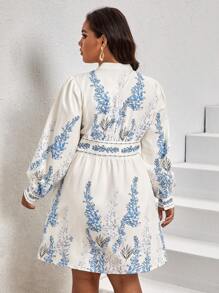 SHEIN VCAY Plus Floral Print Button Front Notched Neckline Lantern Sleeve Dress