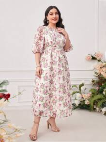 Modelyn Plus Floral Print Puff Sleeve Dress - Multicolor - View 2