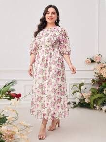Modelyn Plus Floral Print Puff Sleeve Dress - Multicolor - View 4